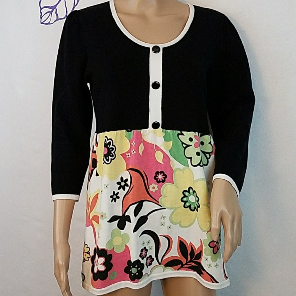 Pine Needles black white print tunic sweater. 0113